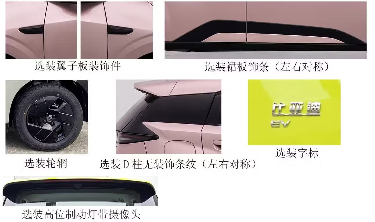 ออปชันตกแต่งของ BYD Seagull โฉมใหม่ตามเอกสารจดทะเบียน เช่น ล้อ สปอยเลอร์ และชุดแต่งรอบคัน