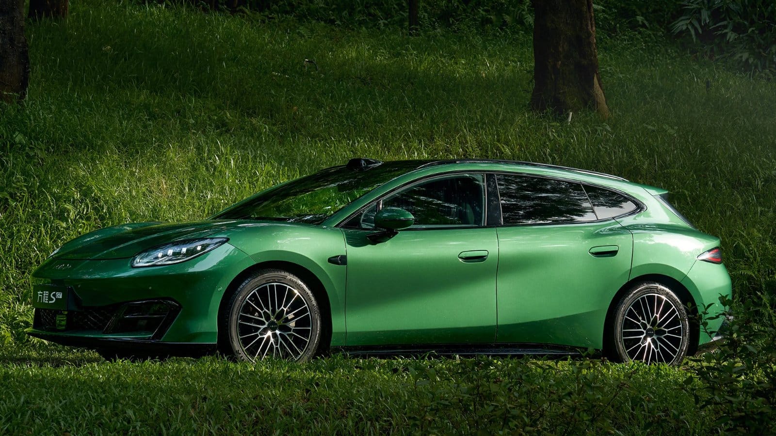 Formula S GT สีเขียวจอดบนสนามหญ้าริมป่า
