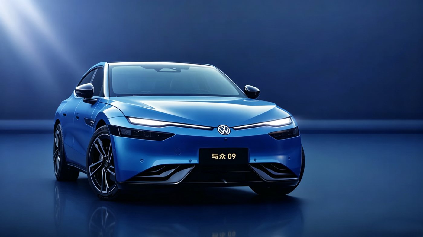 Volkswagen ID. UNYX 09 มุมหน้าในสตูดิโอ เห็นไฟหน้าทรงคริสตัลและแถบไฟพาดหน้า
