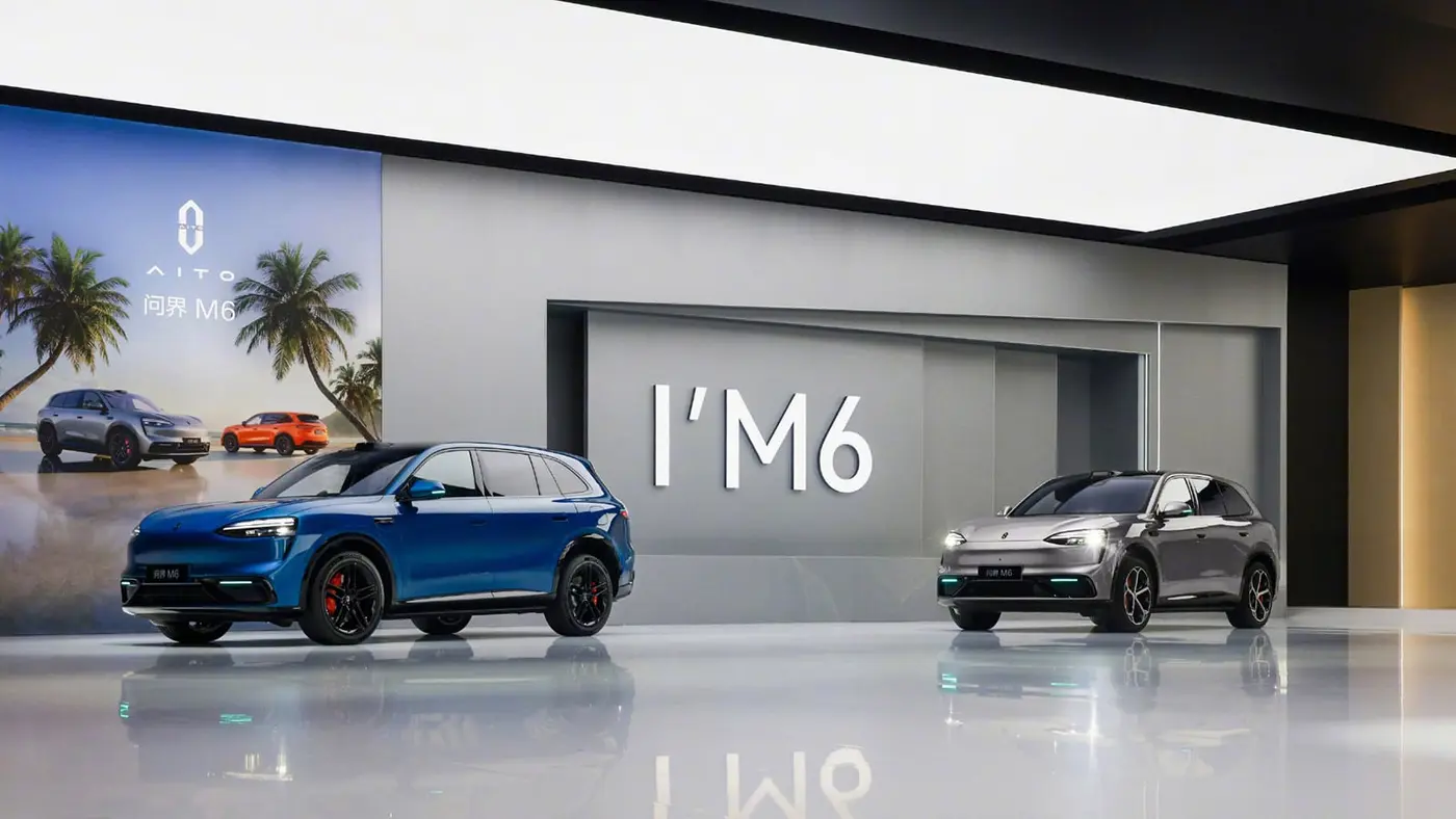 Aito M6 สองคันในโชว์รูมพร้อมป้ายชื่อรุ่น